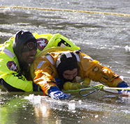 A picture of ice rescue training being held at the on-campus Collington lake.
