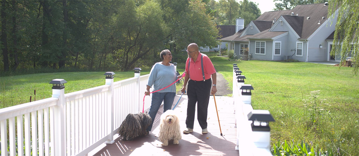talking on bridge with dog